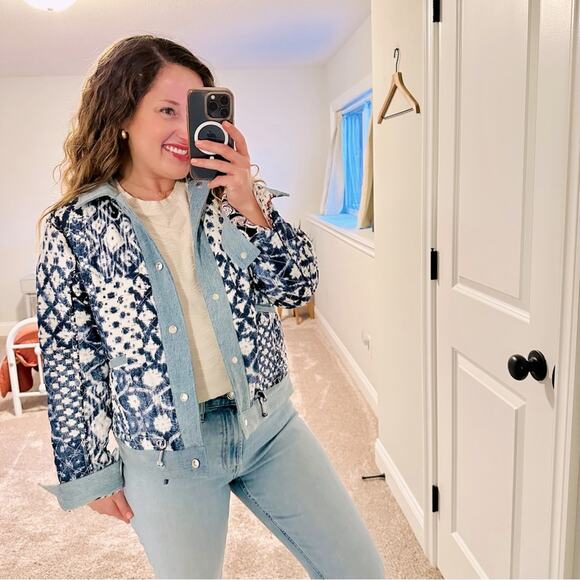 NWT Anthropologie Blank NYC Blue Floral Cotton Plaid Jacket Small - Picture 1 of 12